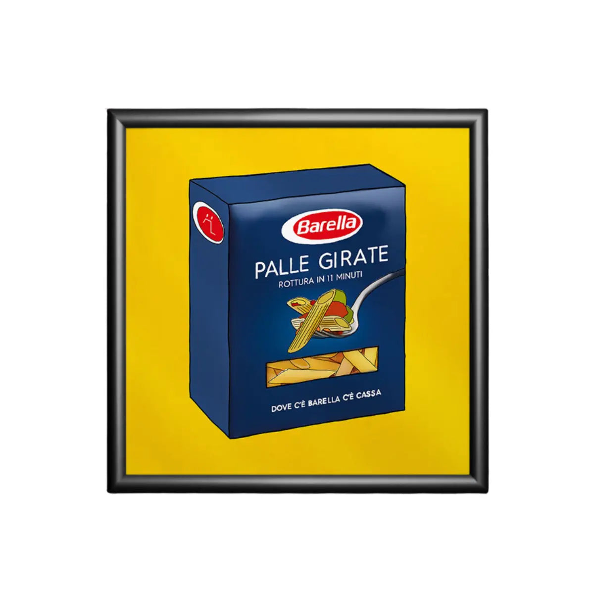 Stampa su sfondo giallo con un pacco di pasta e la scritta ironica palle girate con cornice nera