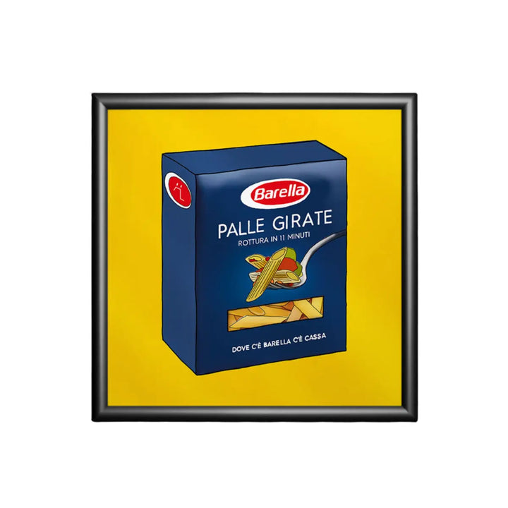 Stampa su sfondo giallo con un pacco di pasta e la scritta ironica palle girate con cornice nera
