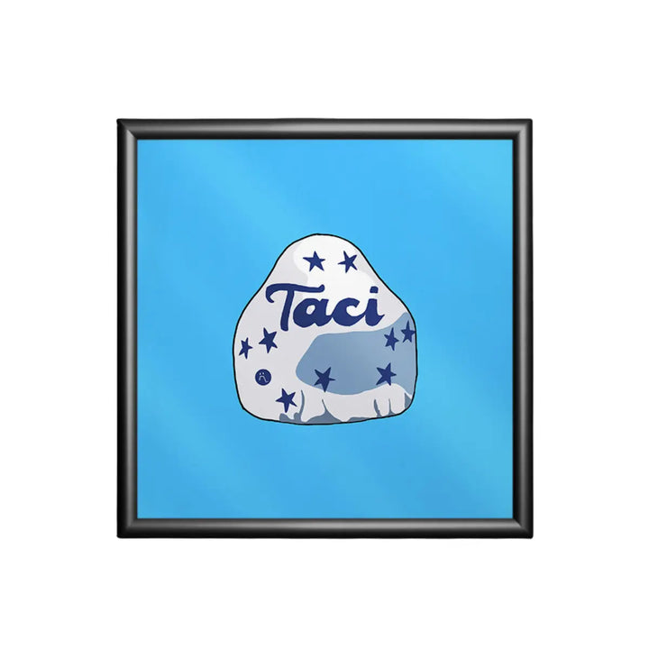 Stampa su sfondo azzurro con i baci perugina e la scritta ironica taci con cornice nera