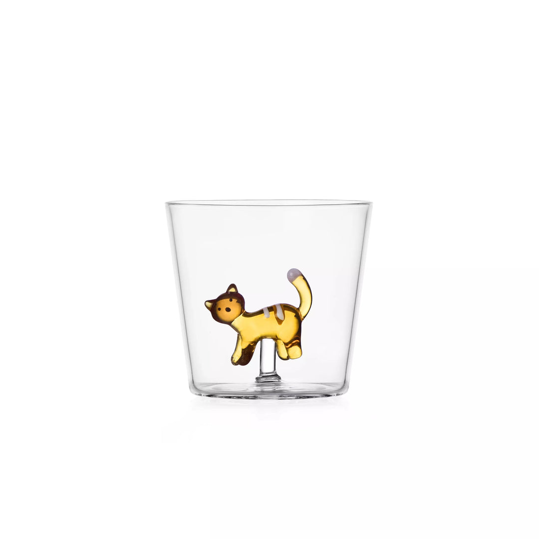 Bicchiere Tabby Cat di Ichendorf con gattino bianco e ambra, realizzato in vetro borosilicato.