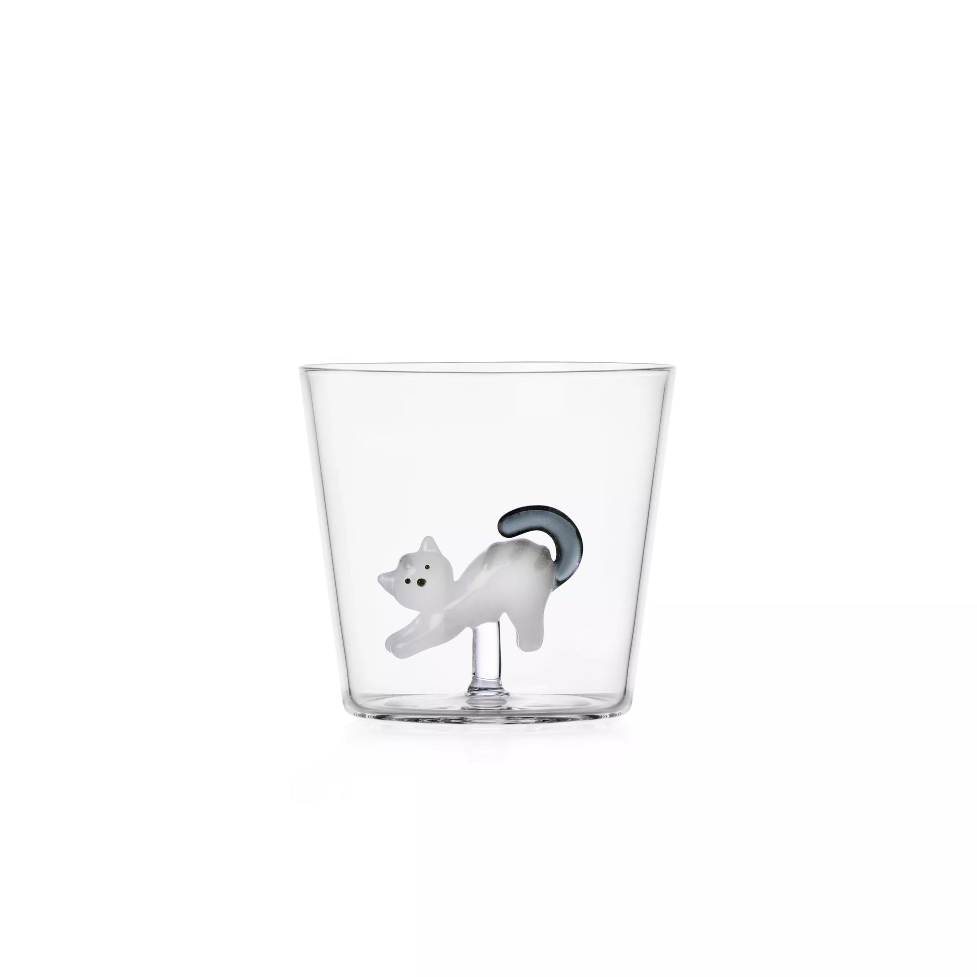 Bicchiere Tabby Cat di Ichendorf con gattino bianco e grigio, realizzato in vetro borosilicato.