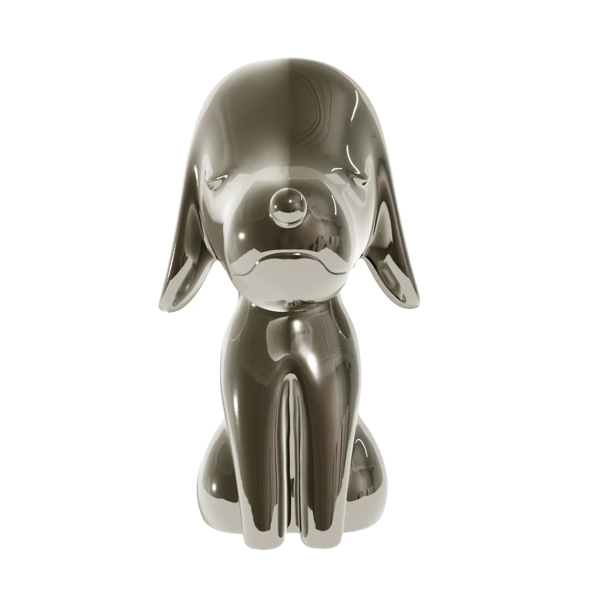 Una statua color canna di fucile a forma di cane, con occhi naso e bocca. Sfondo bianco