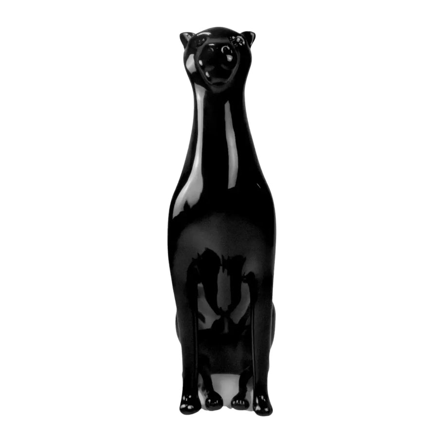 Statua a forma di pantera colore nero con occhi, naso, bocca, orecchie e zampe. 
Sfondo bianco