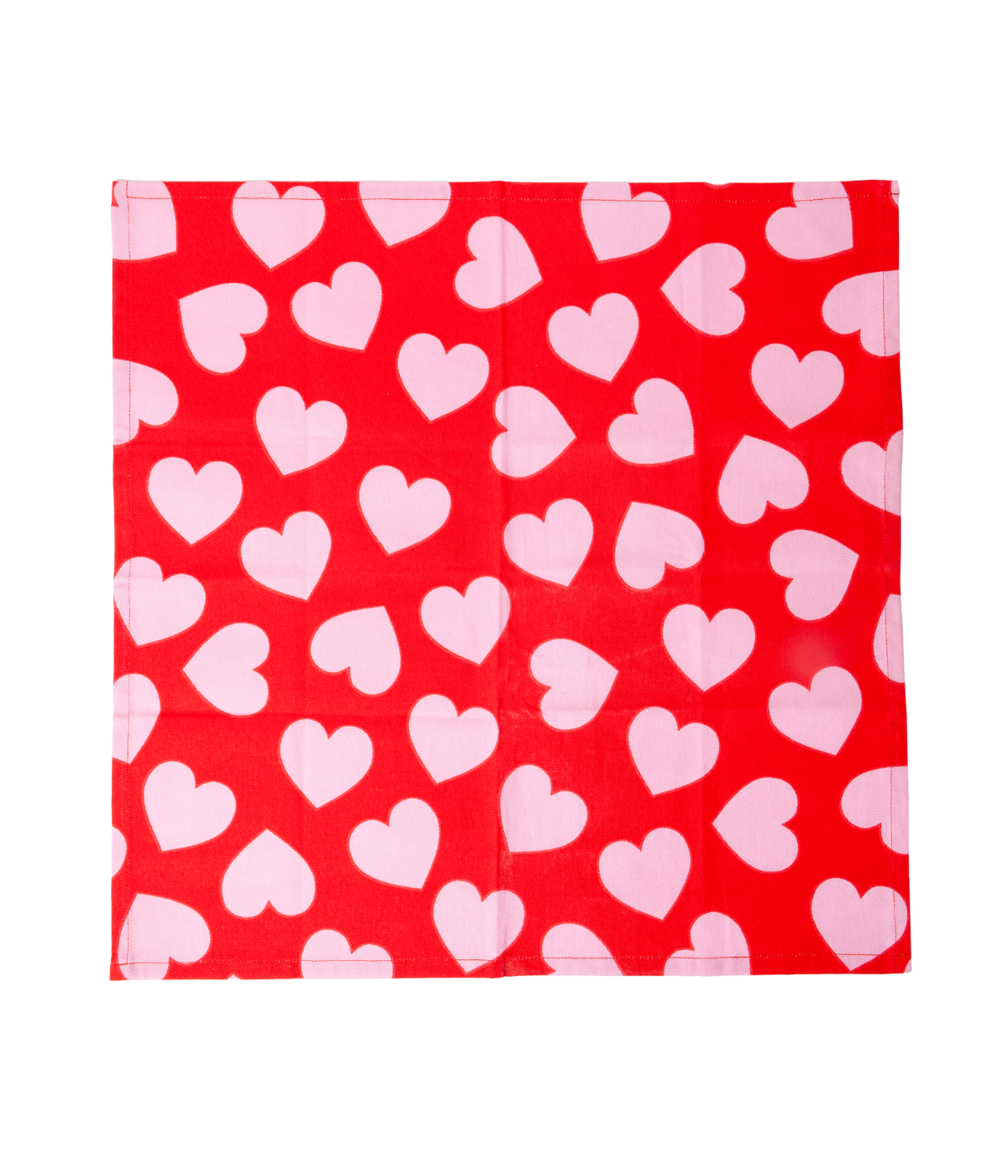 Strofinaccio quadrato aperto, rosso con cuori rosa. Immagine su sfondo bianco