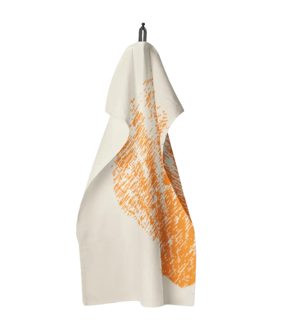 Strofinaccio appeso con stampa mezza conchiglia arancione, fondo avorio. Sfondo bianco
