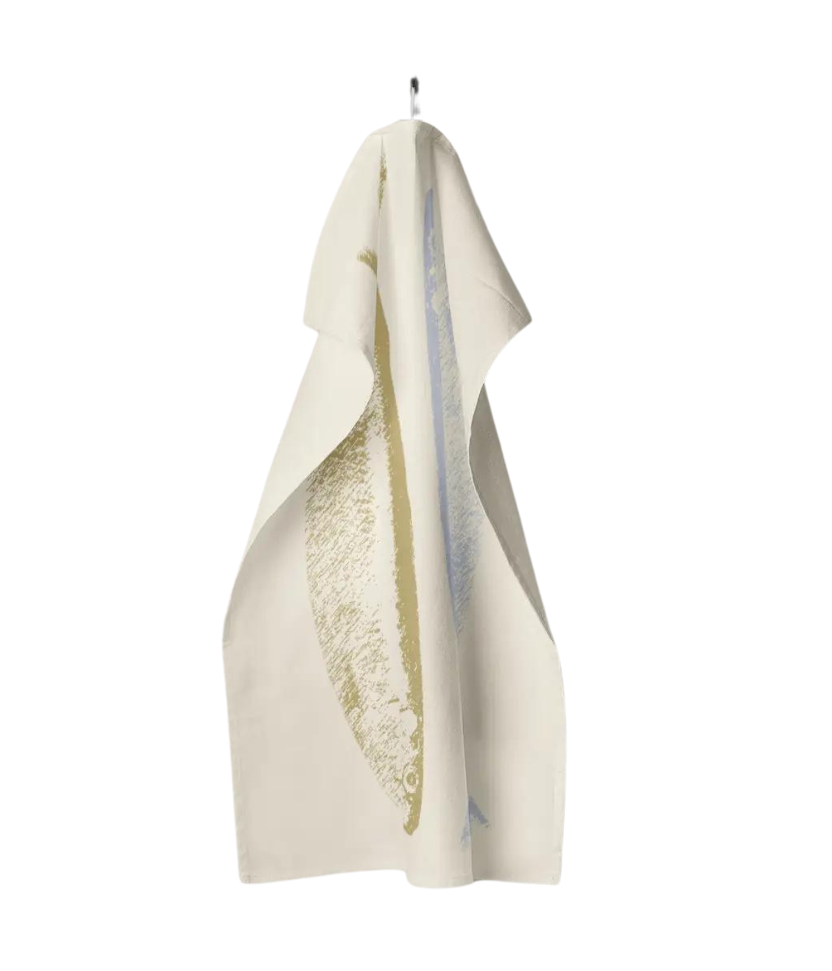 Strofinaccio appeso con stampe di pesci, una dorata e blu, allineate verticalmente su fondo beige