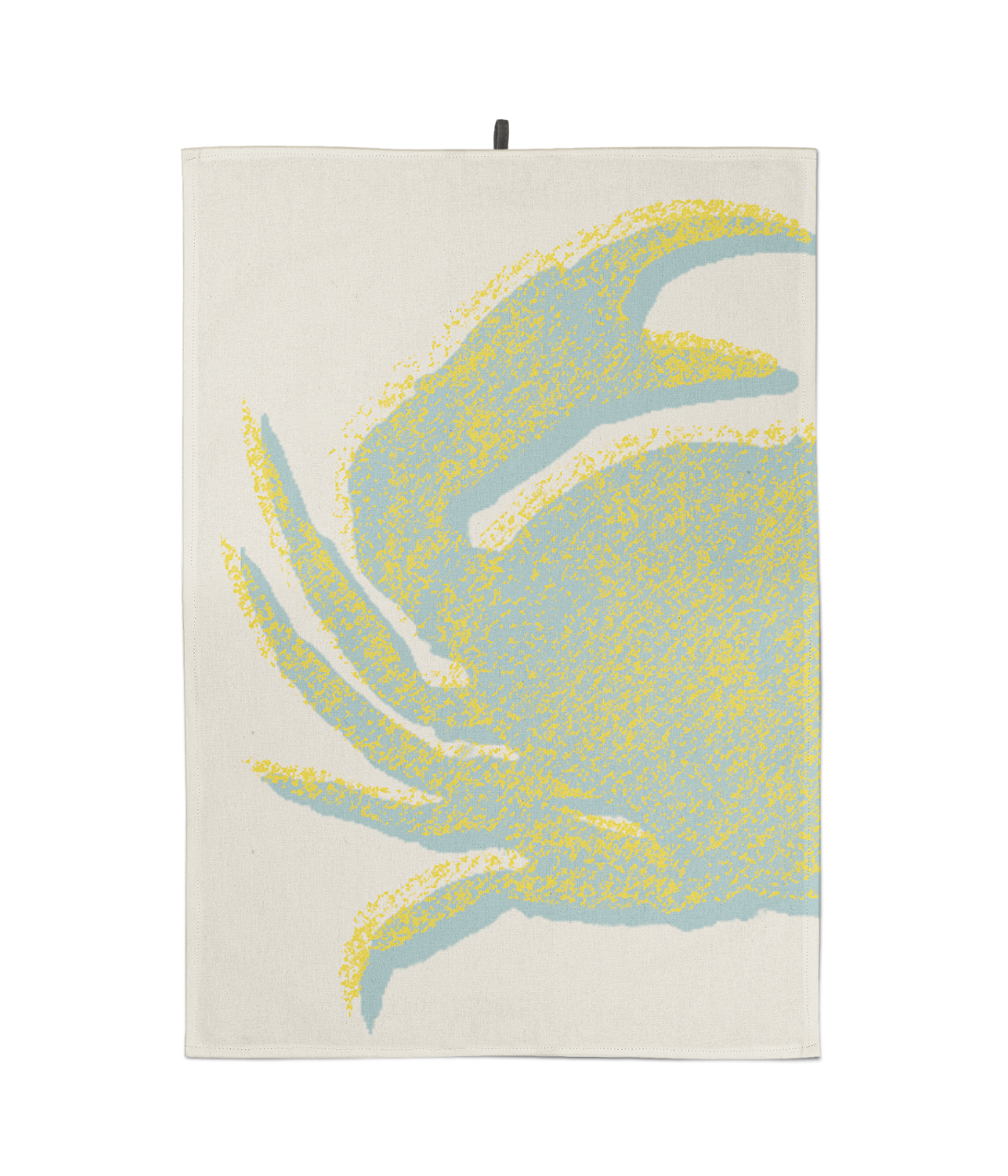 Strofinaccio appeso con stampa di granchio, sui toni del verde acqua e giallo. Fondo Beige