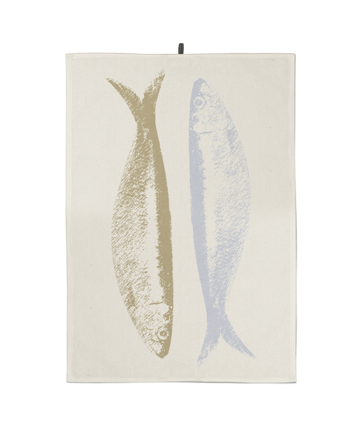 Due stampe di pesci, una dorata e una blu, allineate verticalmente su sfondo beige. 