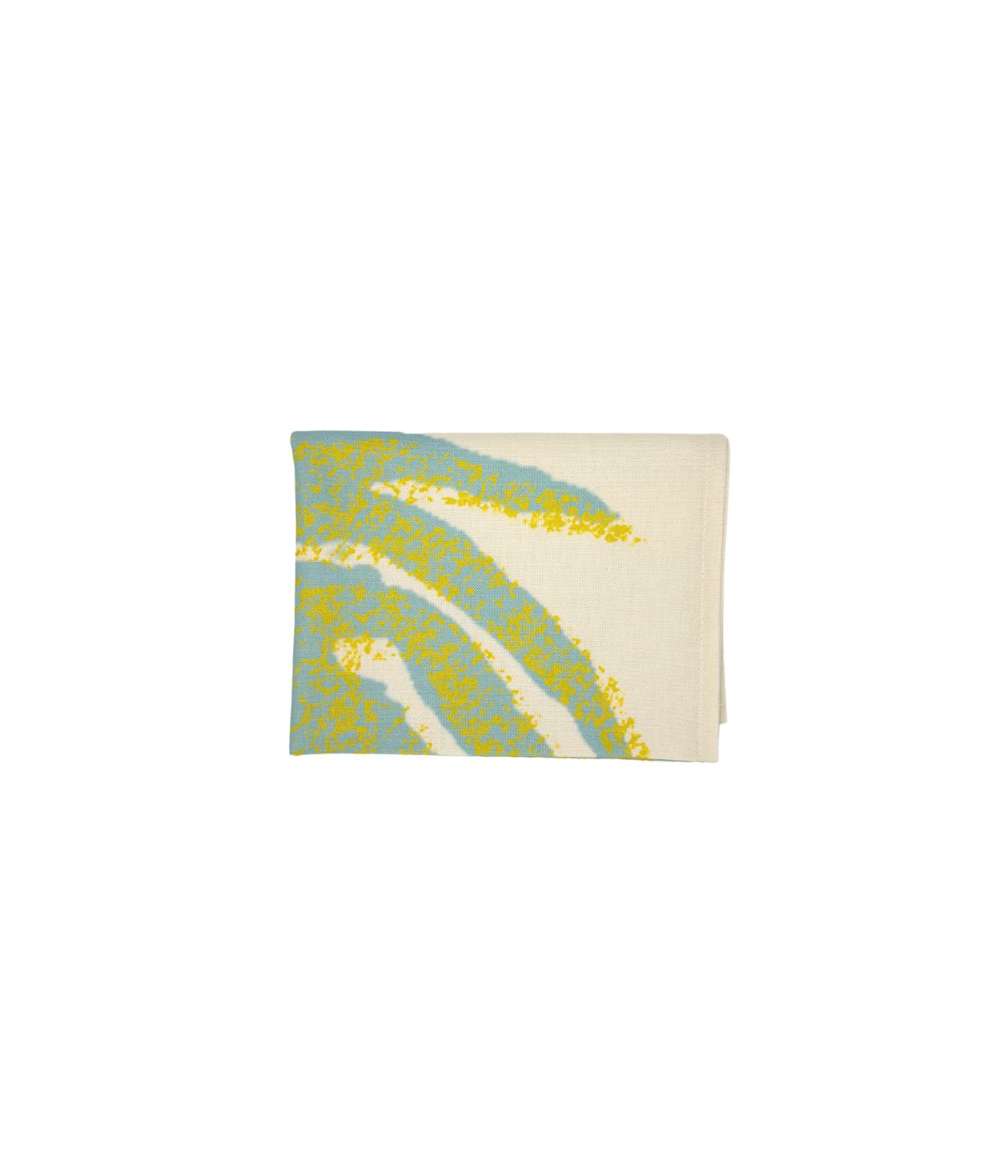 Strofinaccio piegato con dettaglio stampa granchio, sui toni del verde acqua e giallo. Fondo Beige