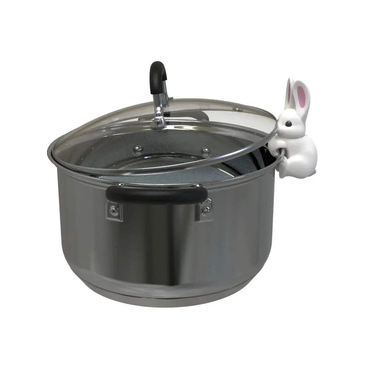 Pentola con poggiamestolo e supporto per coperchio a forma di coniglietto bianco.