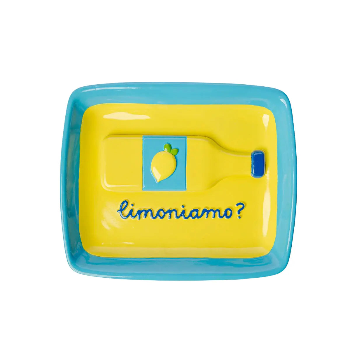Svuotatasche Limoniamo con sfondo giallo e dettagli azzurri. Dettagli in rilievo di una bottiglia di limoncello con scritta "Limoniamo?"