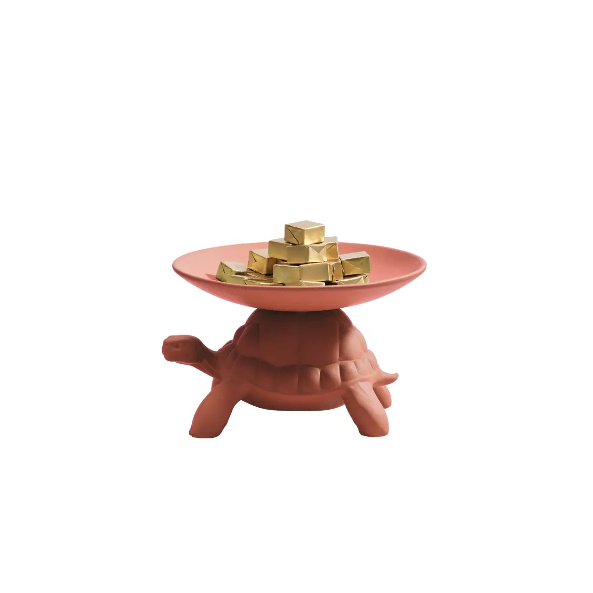 Svuotatasche in ceramica color terracotta a forma di tartaruga con un piattino sul carapace