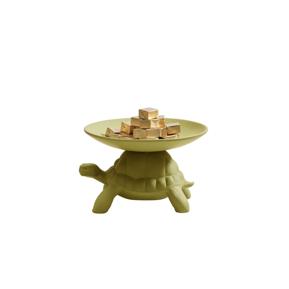 Svuotatasche in ceramica verde oliva a forma di tartaruga con un piattino sul carapace