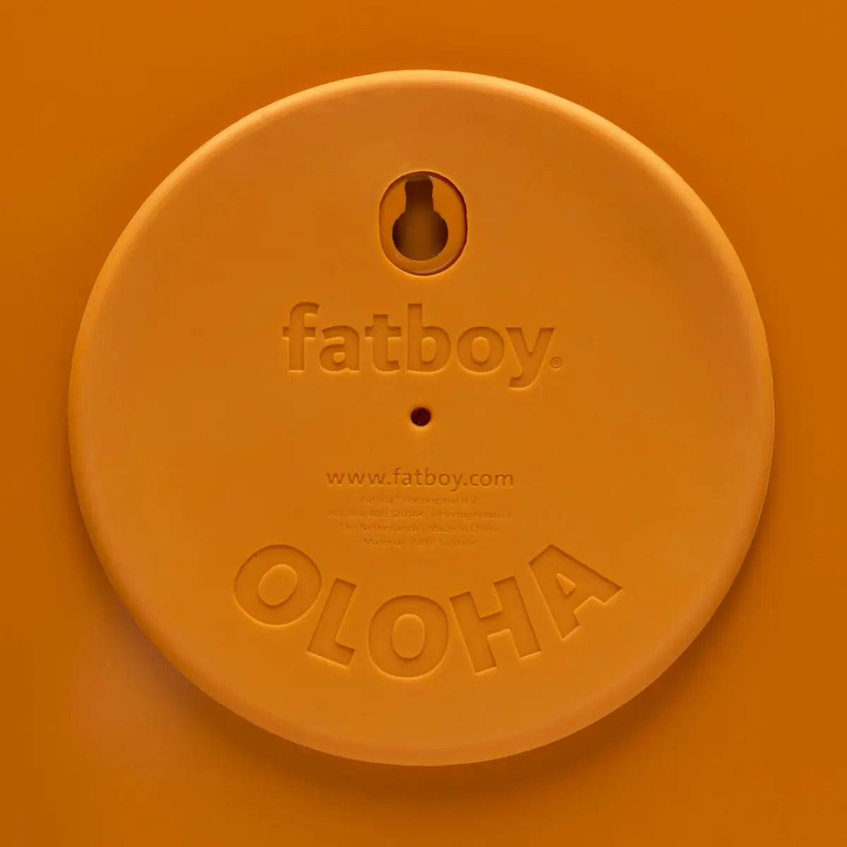 Retro lampada con foro per appendere all muro. Scritta Oloha e Fatboy. Sfondo arancione 