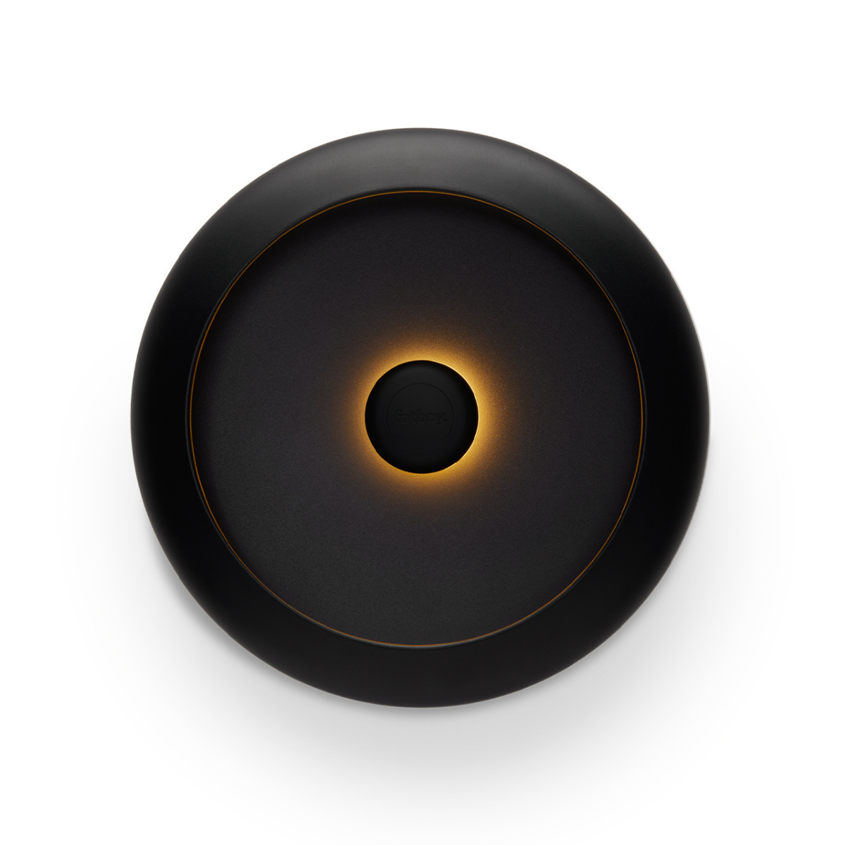 Lampada da tavolo/ svuotatsche rotonda nero con luce accesa al centro. Sfondo bianco