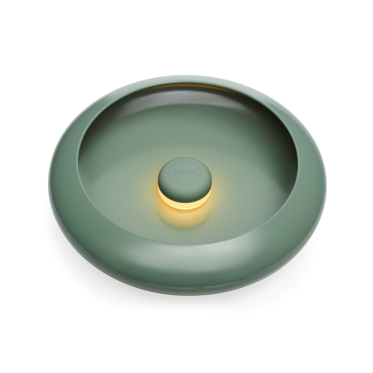 Lampada da tavolo/svuotatsche rotonda beige con luce accesa al centro. Sfondo bianco