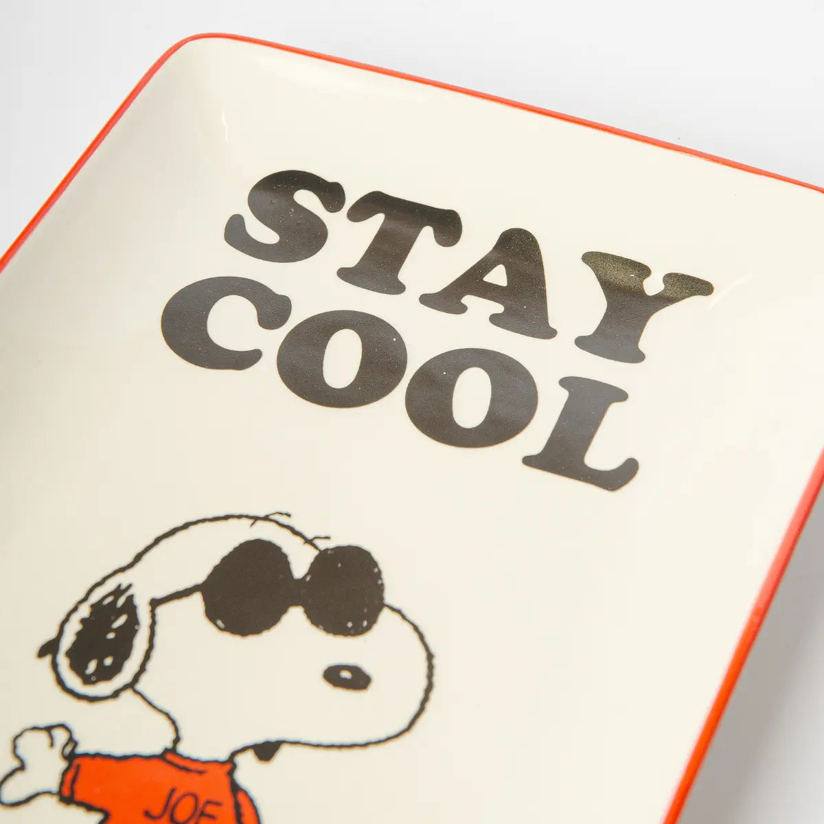 Dettaglio dello svuotatsche di Snoopy con bordo colorato, grafica e scritta Stay Cool