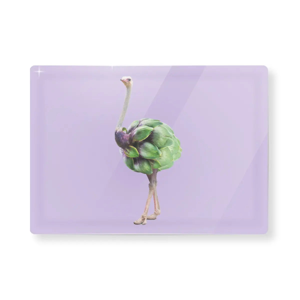 Tagliere rettangolare in vetro lilla con decoro struzzo/carciofo. Sfondo bianco  