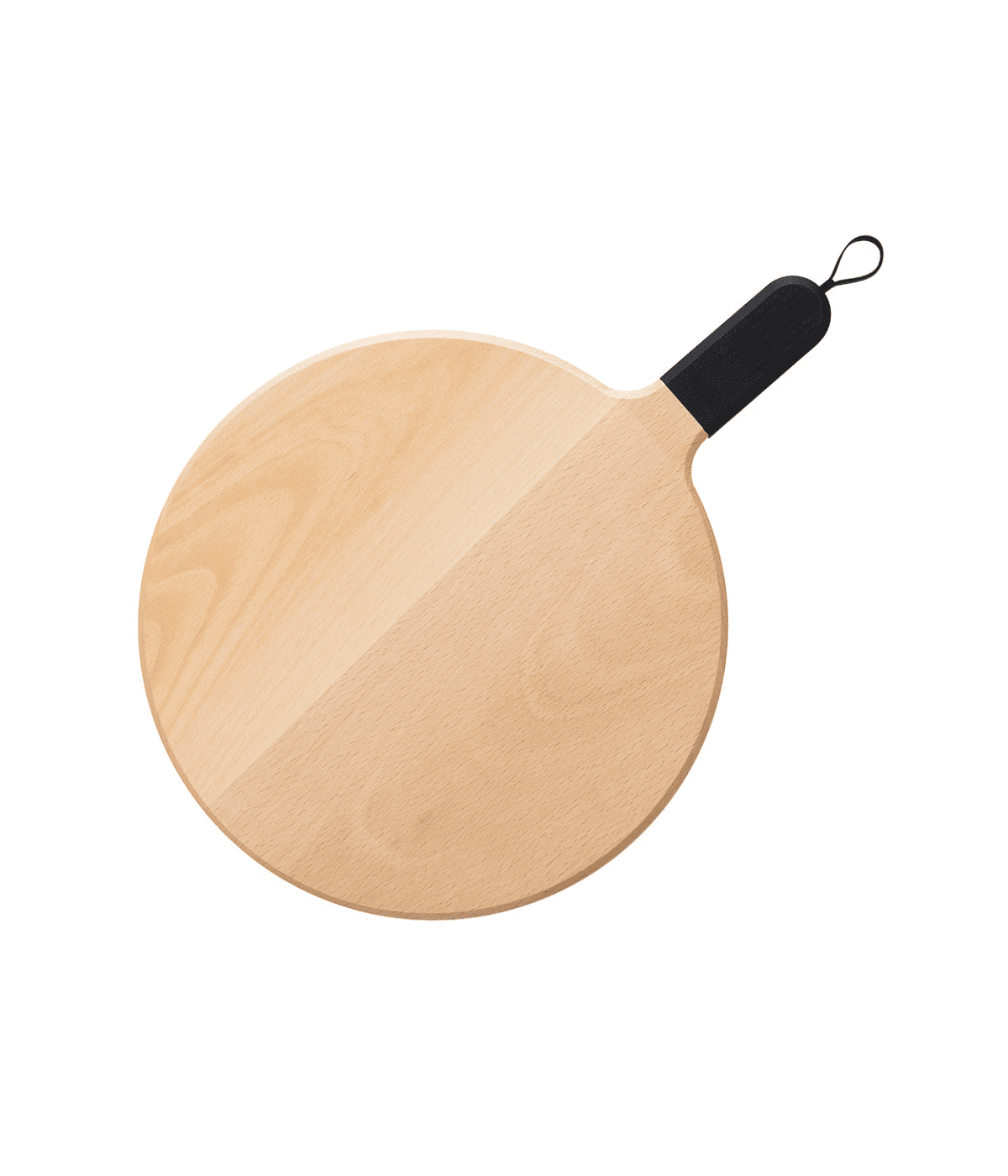 Tagliere in legno con manico nero e gancetto per appendere. Sfondo bianco.