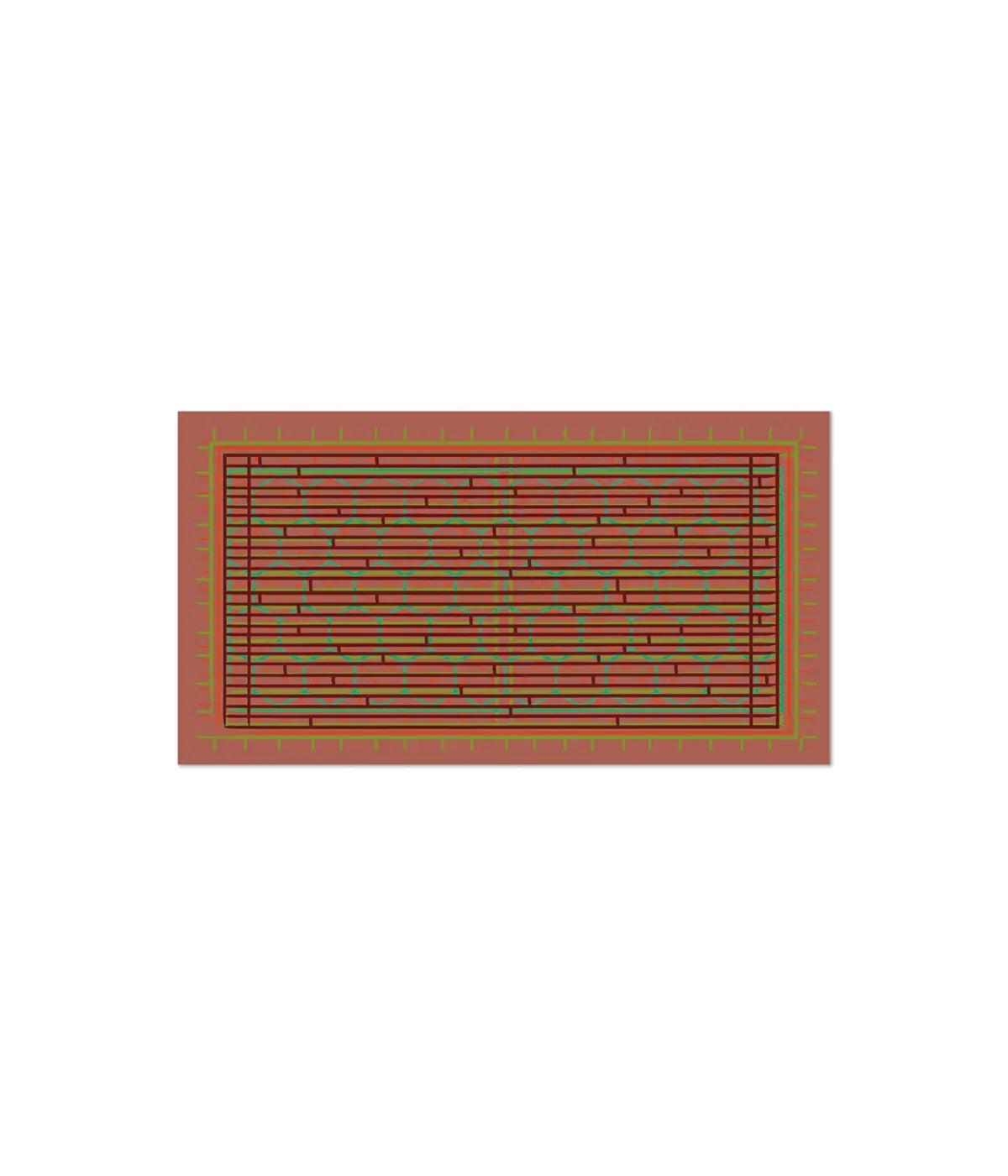 Un tappeto marrone, con righe colorate e esagoni verdi. Immagine su sfondo bianco