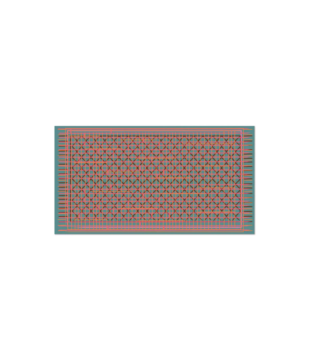 Un tappeto verde, con righe colorate e rombi marroni. Immagine su sfondo bianco
