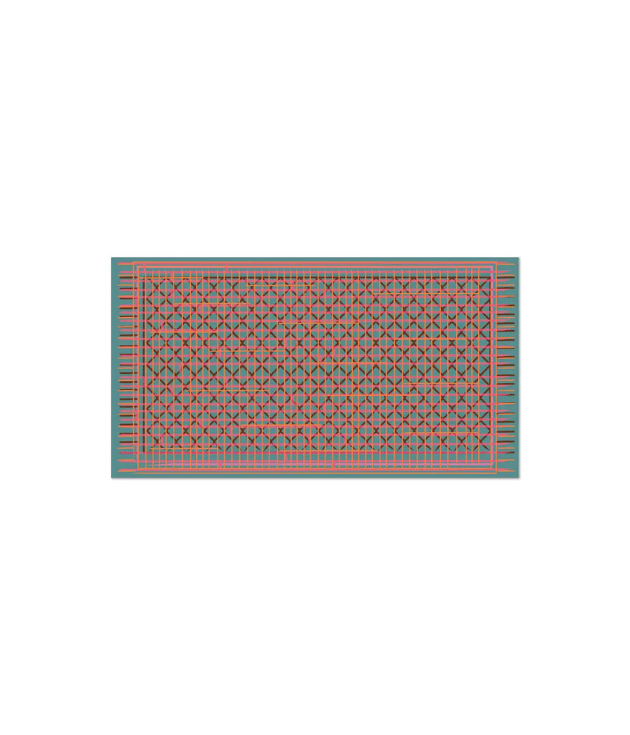Un tappeto verde, con righe colorate e rombi marroni. Immagine su sfondo bianco