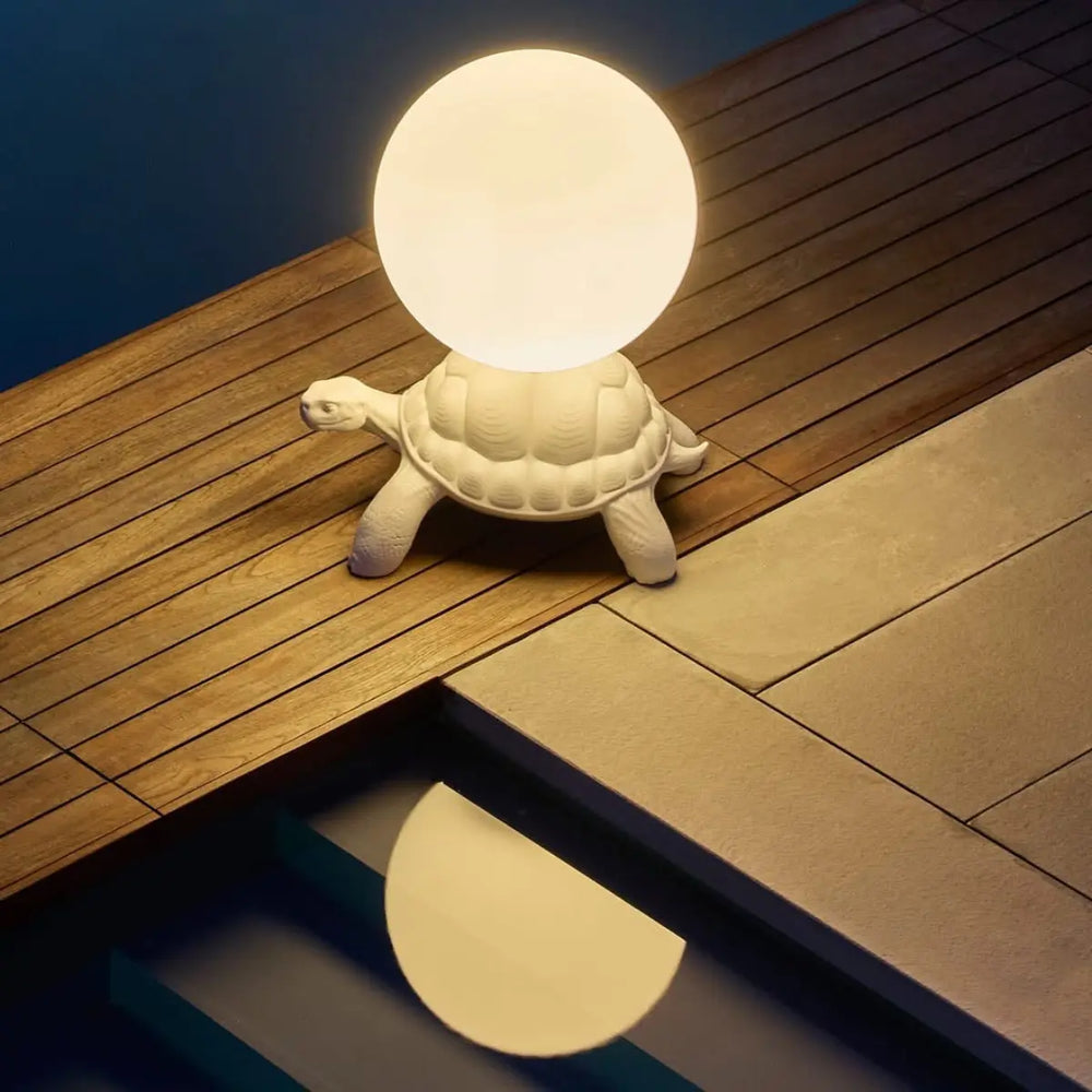 Lampada a forma di sfera sostenuta sul carapace di una tartaruga. Ambiente esterno a bordo piscina.