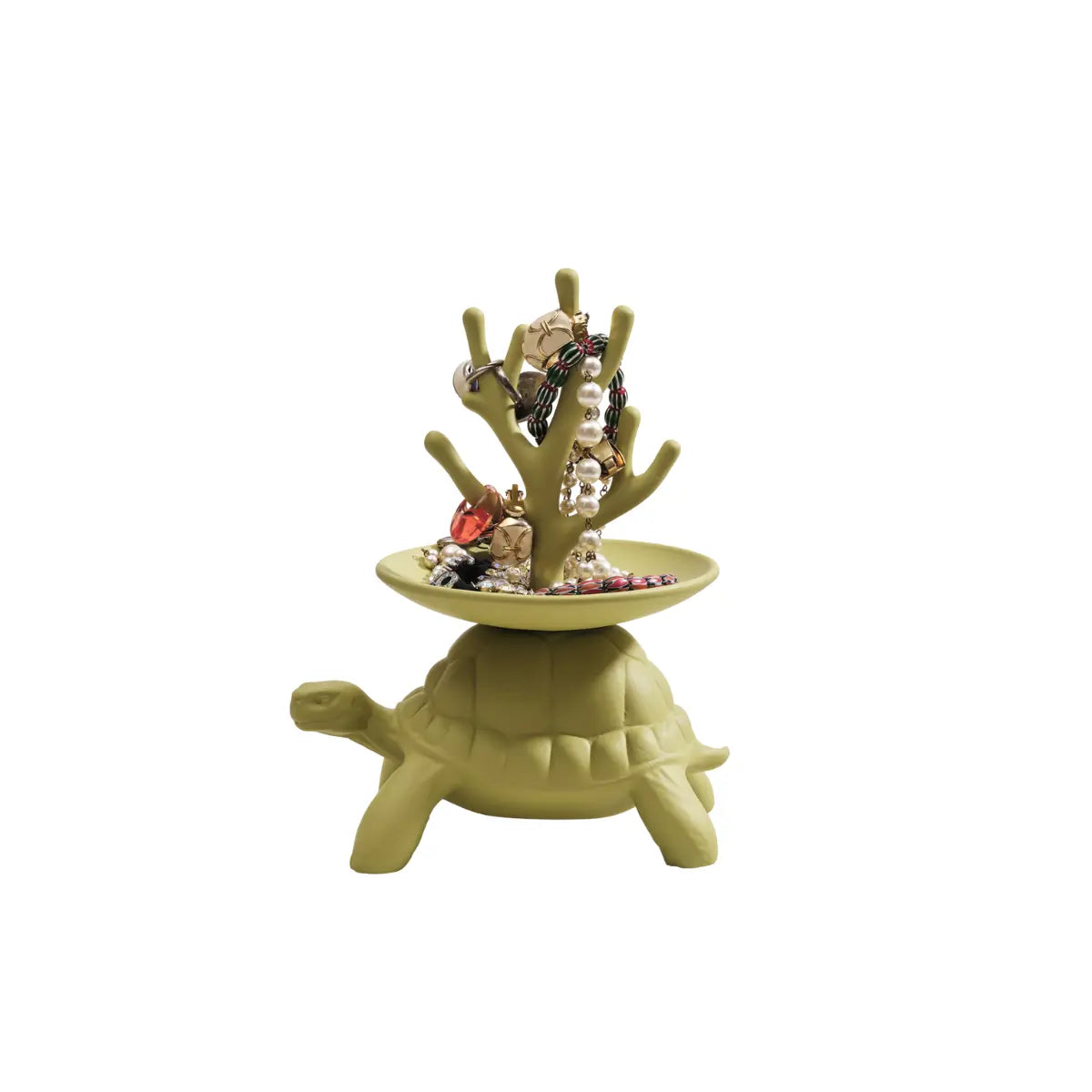 Portagioie verde oliva a forma di tartaruga che sorregge un piattino con un albero di corallo sul carapace