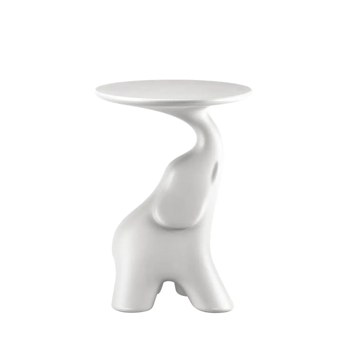 Tavolino a forma di elefante con piano rotondo di colore bianco di Qeeboo visione laterale