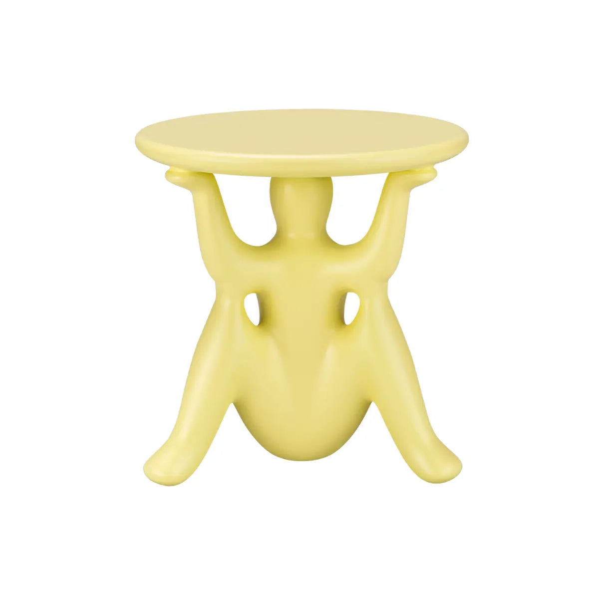 Tavolino giallo con struttura particolare costituita da tre geni che sorreggono il piano rotondo vista frontale