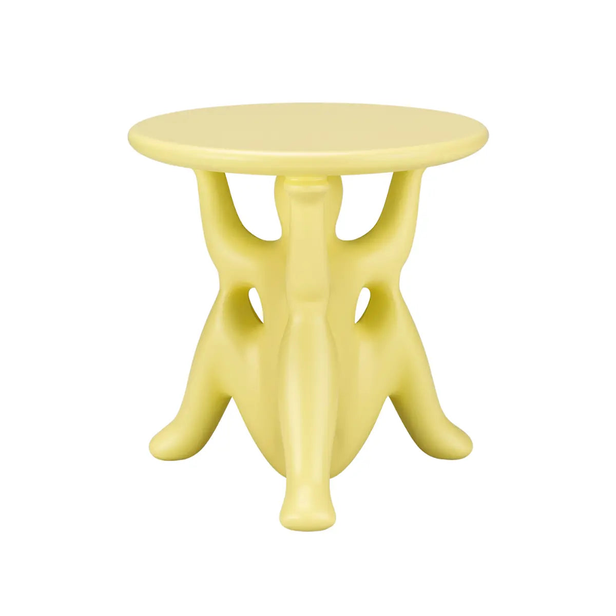 Tavolino giallo con struttura particolare costituita da tre geni che sorreggono il piano rotondo vista laterale
