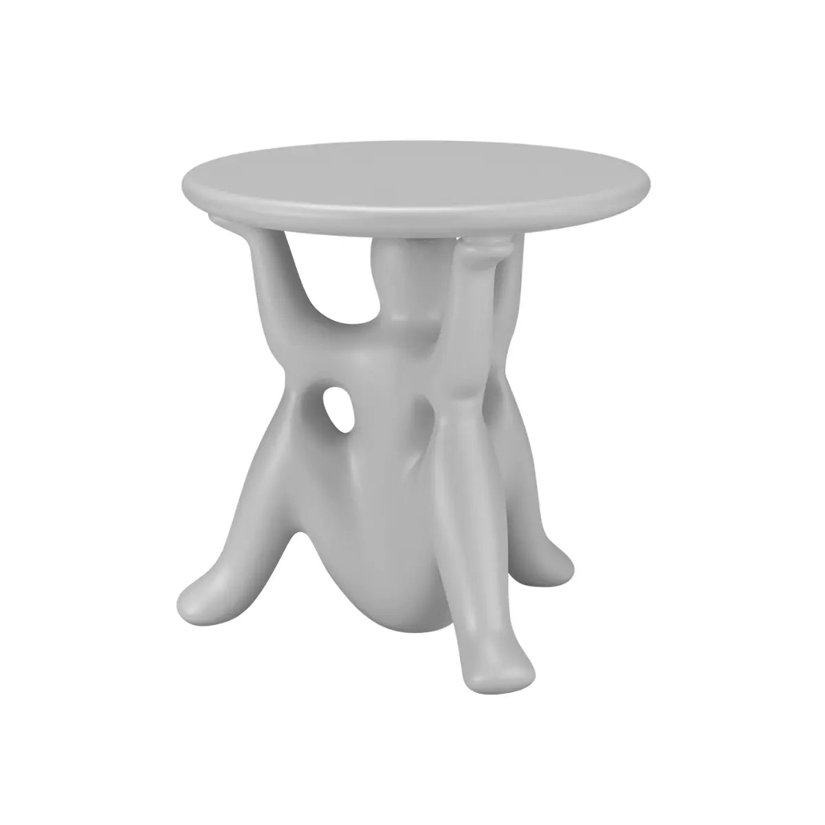 Tavolino grigio con struttura particolare costituita da tre geni che sorreggono il piano rotondo