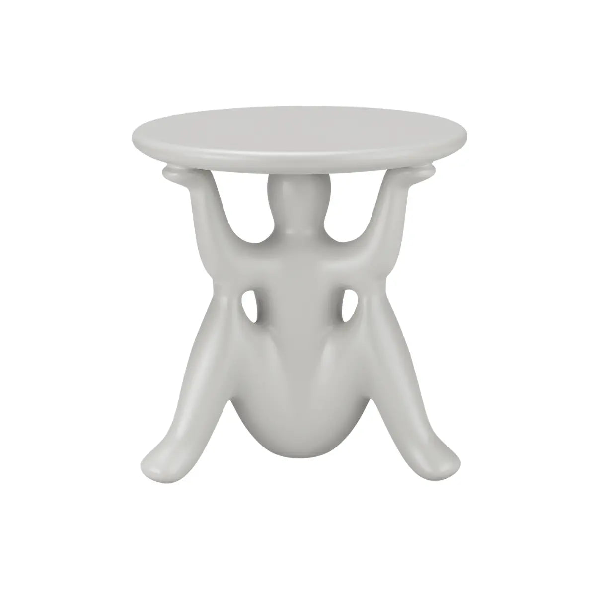 Tavolino grigio con struttura particolare costituita da tre geni che sorreggono il piano rotondo vista frontale