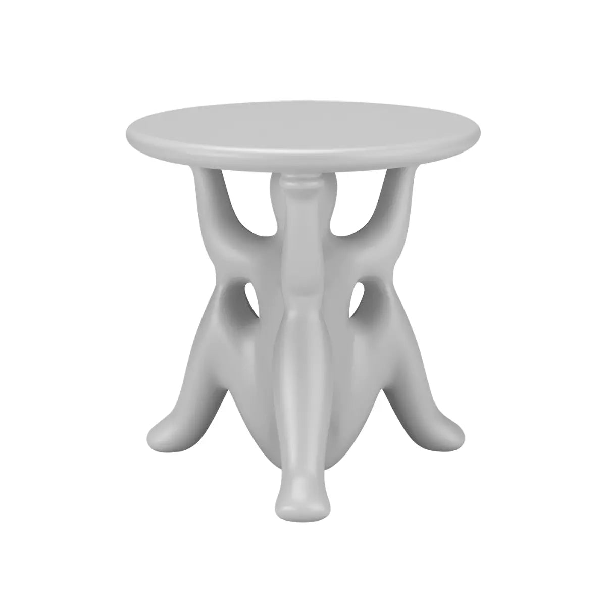 Tavolino grigio con struttura particolare costituita da tre geni che sorreggono il piano rotondo vista laterale