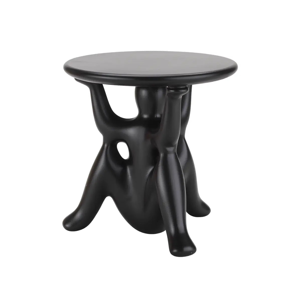 Tavolino nero con struttura particolare costituita da tre geni che sorreggono il piano rotondo