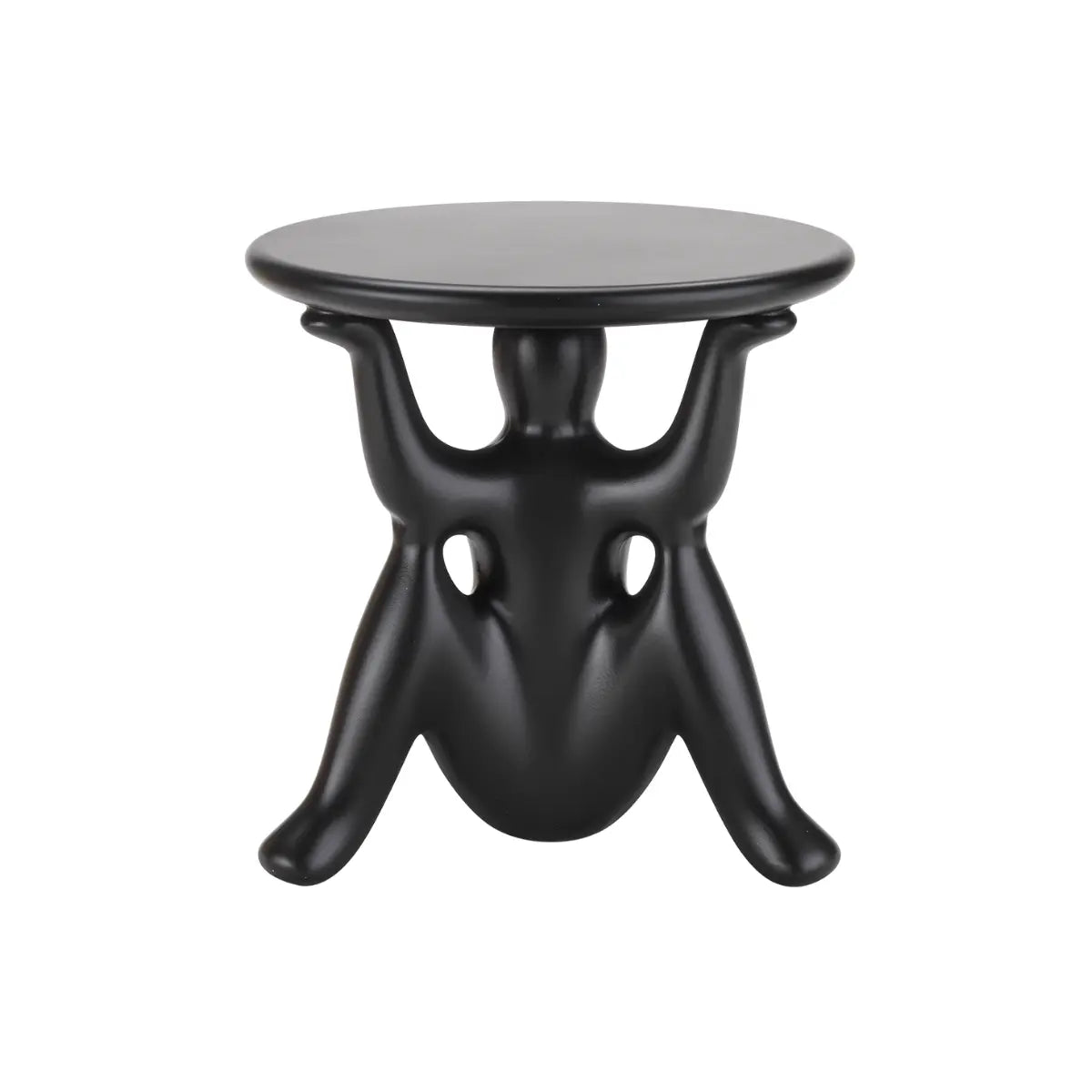 Tavolino nero con struttura particolare costituita da tre geni che sorreggono il piano rotondo vista frontale