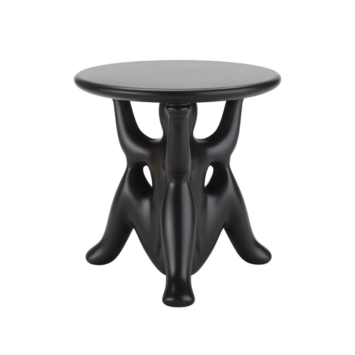 Tavolino nero con struttura particolare costituita da tre geni che sorreggono il piano rotondo vista laterale