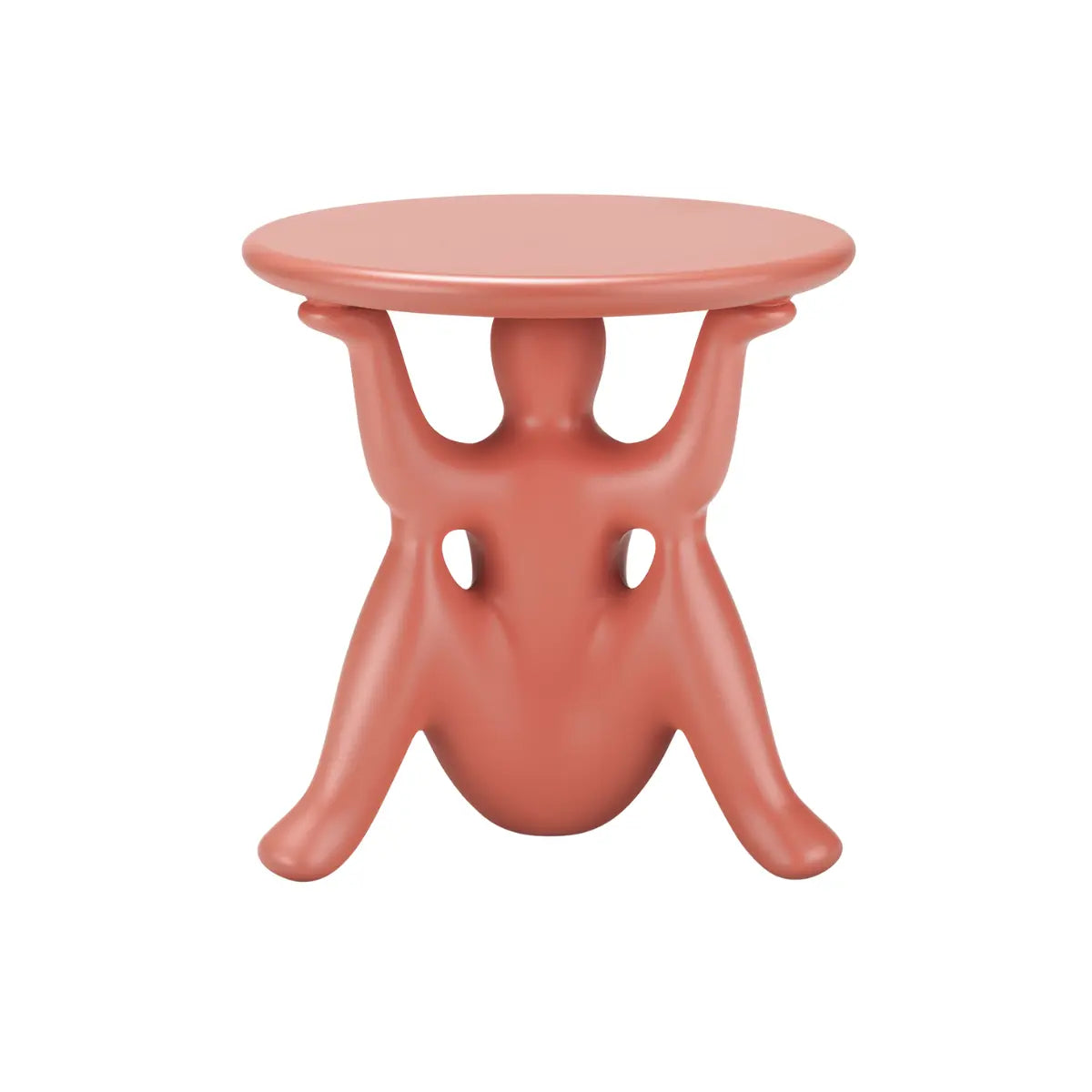 Tavolino particolare con tre geni che sorreggono la struttura del piano color terracotta di Qeeboo visione frontale

