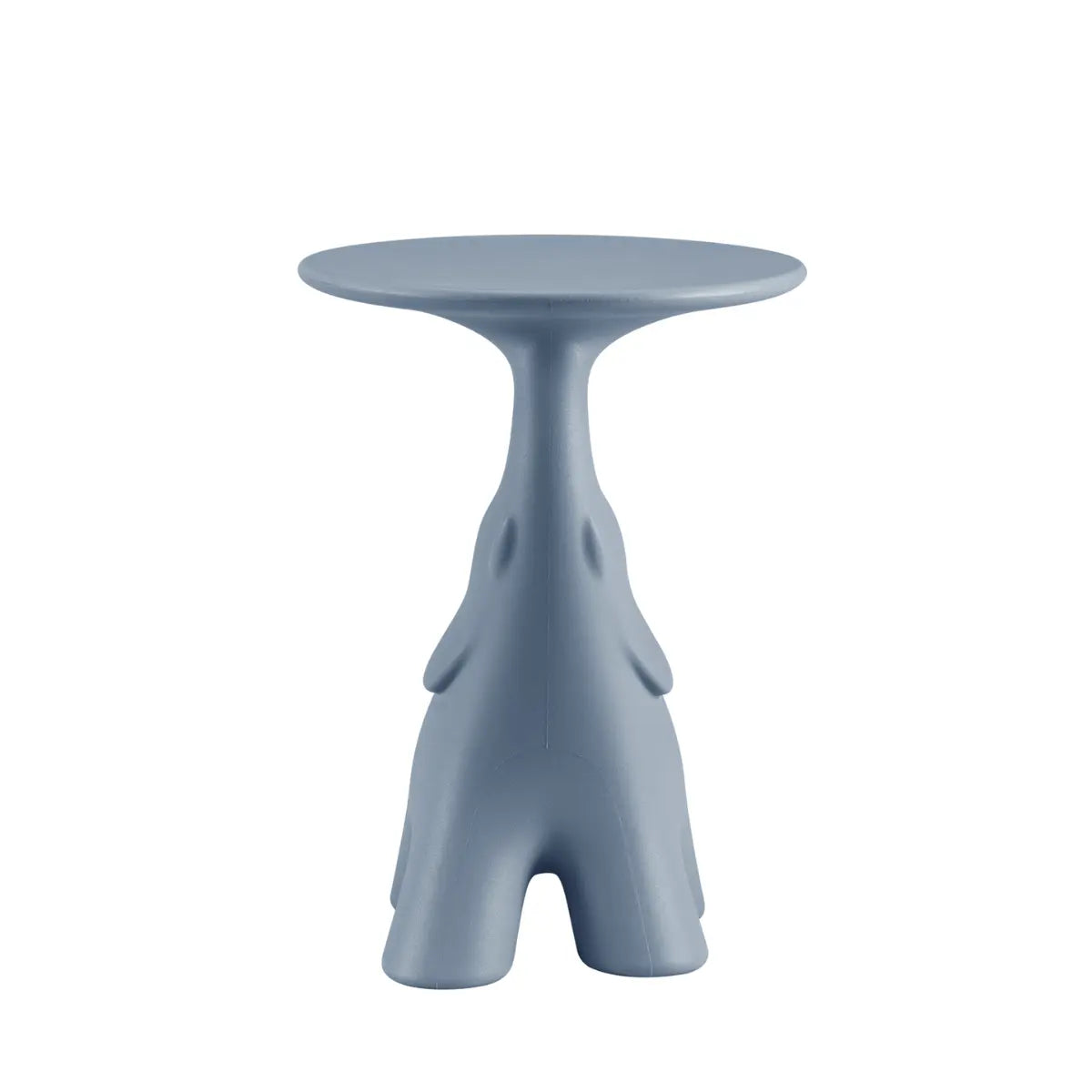 Tavolino a forma di elefante con piano rotondo di colore celeste di Qeeboo visione frontale