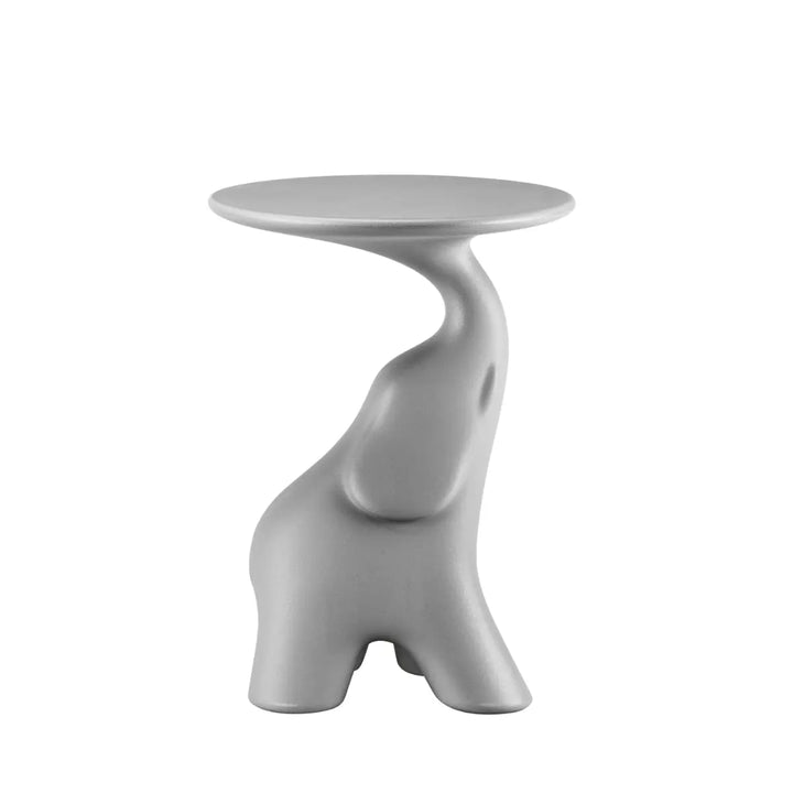 Tavolino a forma di elefante con piano rotondo di colore grigio chairo di Qeeboo visione laterale