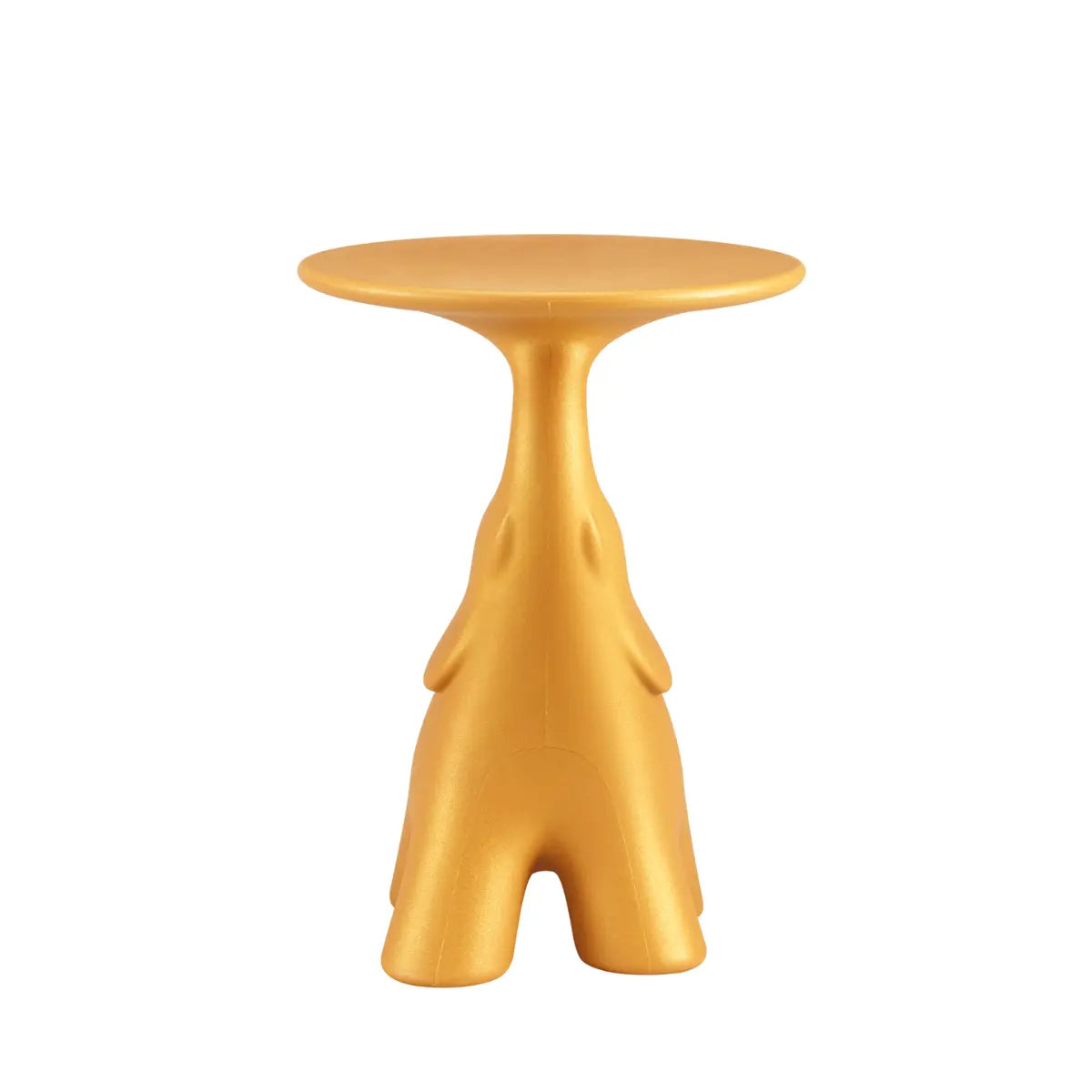 Tavolino a forma di elefante con piano rotondo di colore giallo mango glitterato di Qeeboo visione frontale