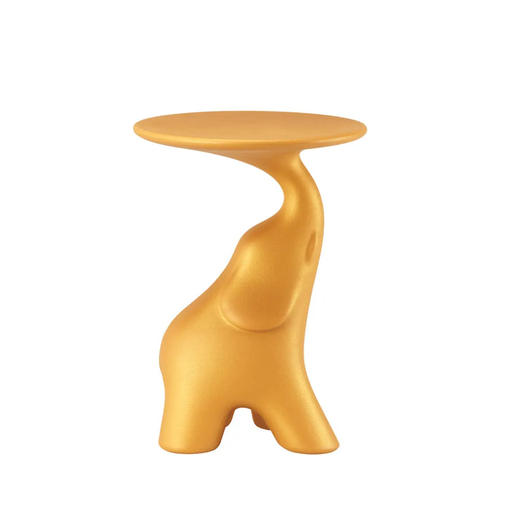 Tavolino a forma di elefante con piano rotondo di colore giallo mango glitterato di Qeeboo visione laterale
