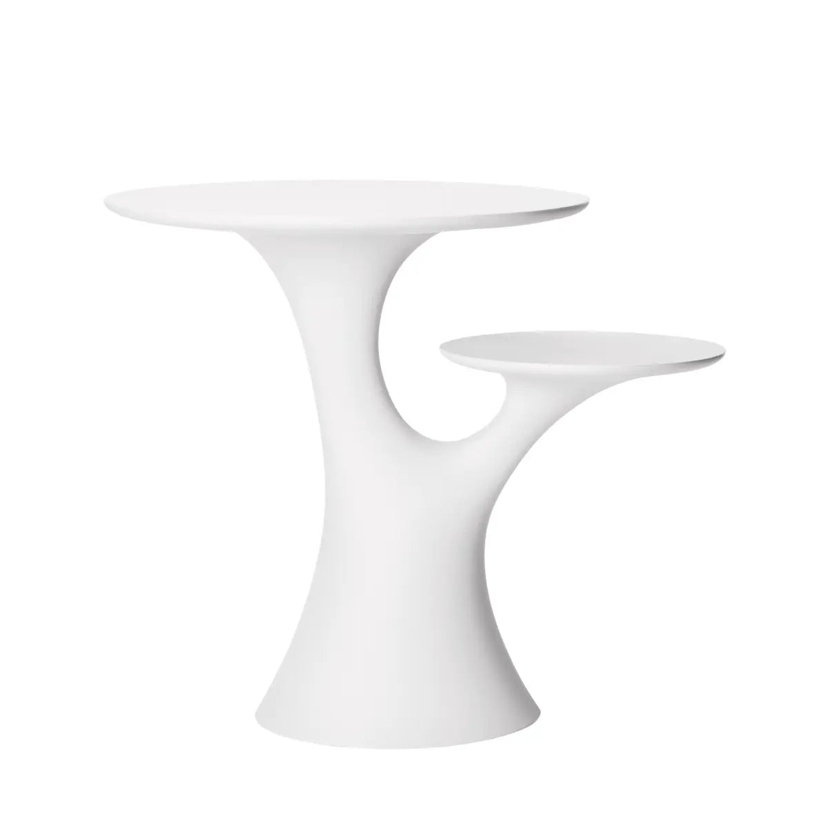 Tavolo bianco che si presenta come un albero con due rami che sorreggono due piani circolari.