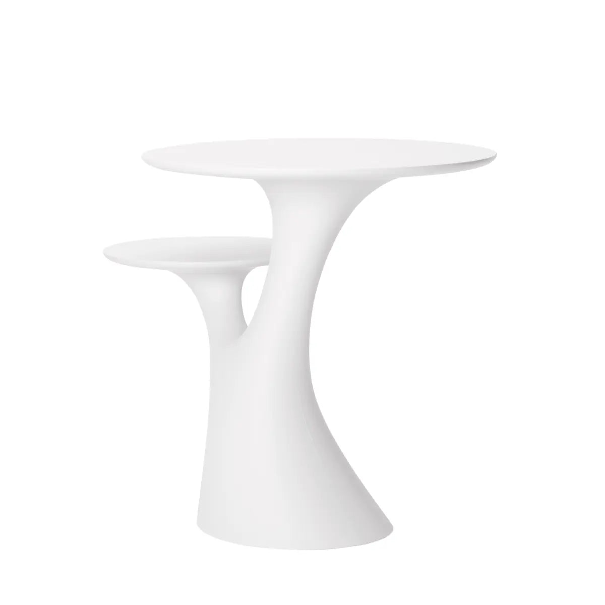 Tavolo bianco che si presenta come un albero con due rami che sorreggono due piani circolari.