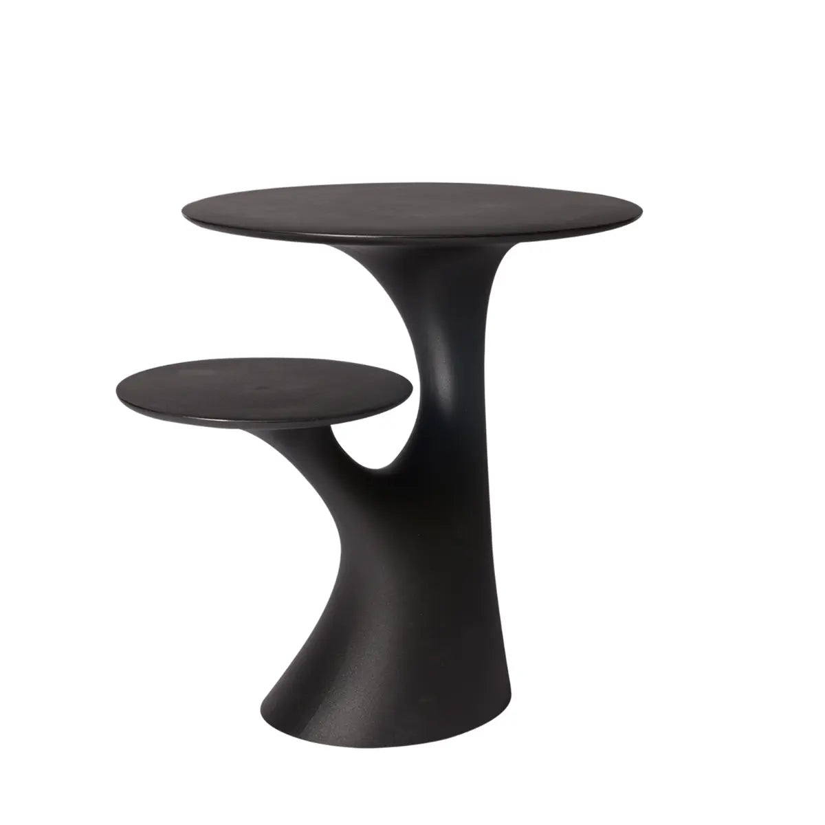 Tavolo nero che si presenta come un albero con due rami che sorreggono due piani circolari.