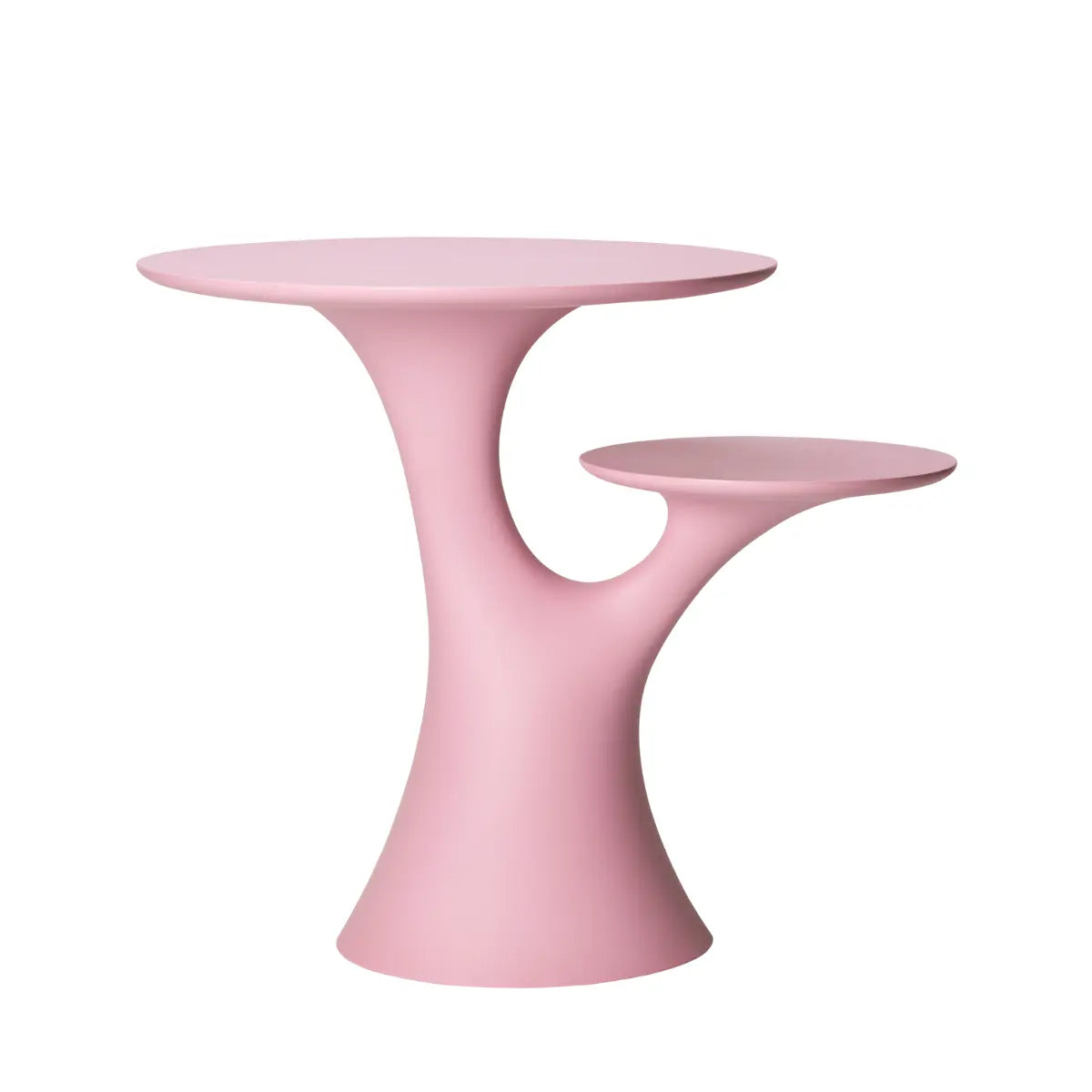 Tavolo che si presenta come un albero con due rami che sorreggono due piani circolari.