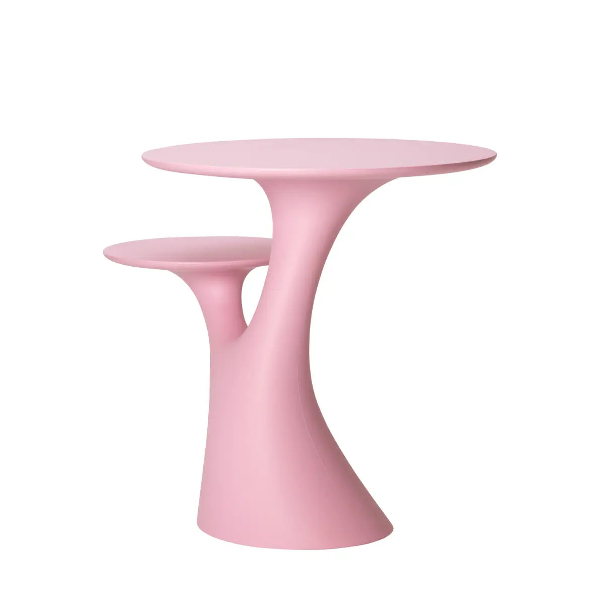 Tavolo che si presenta come un albero con due rami che sorreggono due piani circolari.