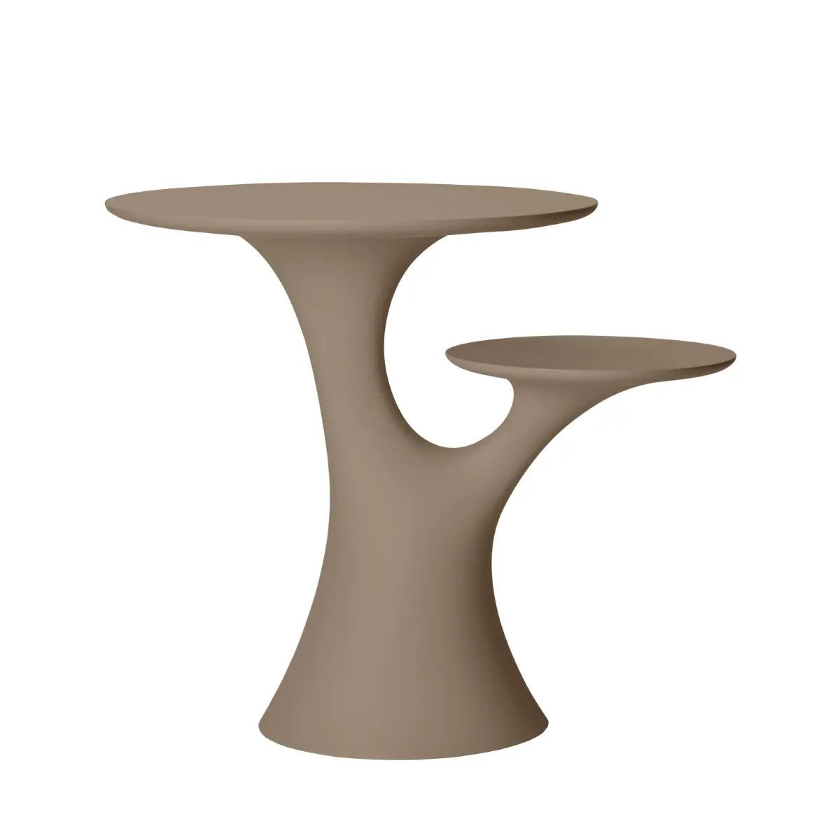 Tavolo tortora che si presenta come un albero con due rami che sorreggono due piani circolari.