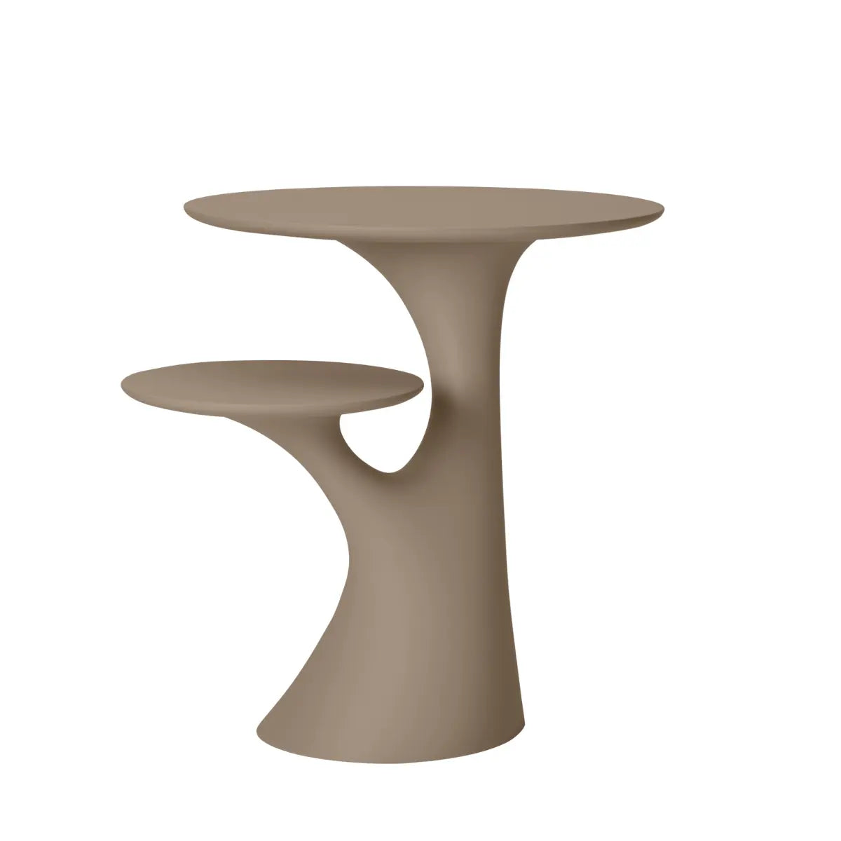 Tavolo tortora che si presenta come un albero con due rami che sorreggono due piani circolari.