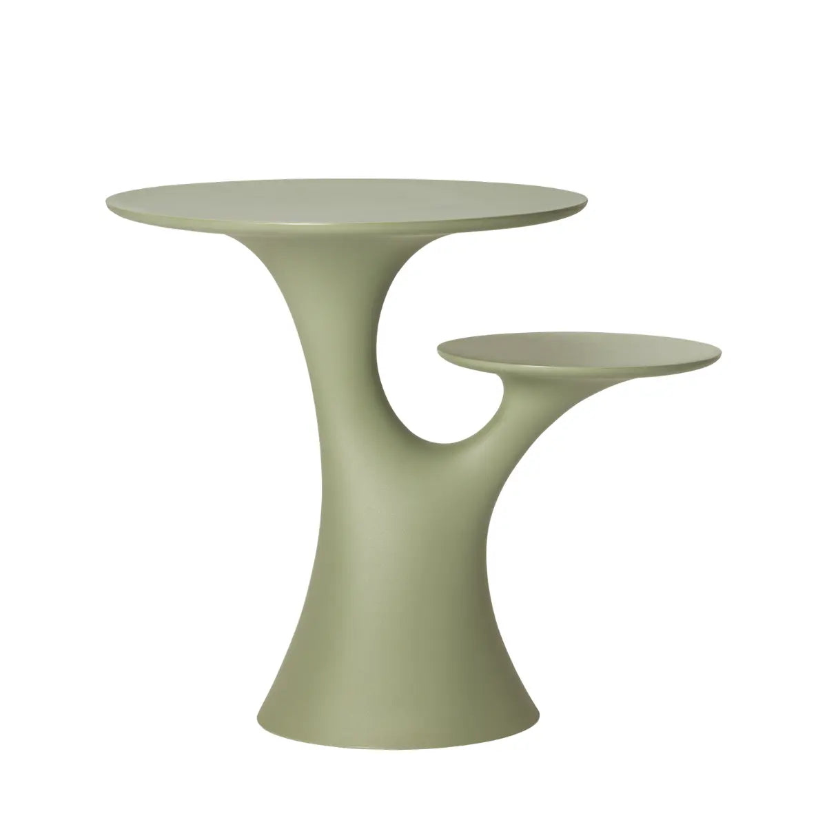 Tavolo verde che si presenta come un albero con due rami che sorreggono due piani circolari.